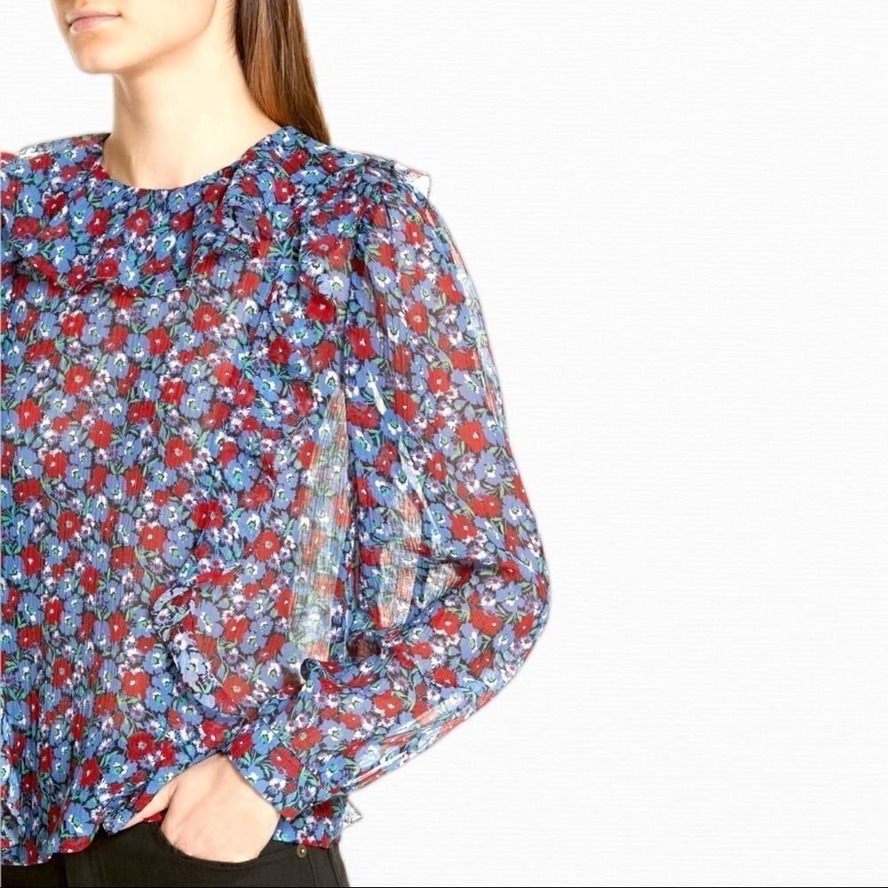 ROBERT RODRIGUEZ JULIETTE FLORAL PRINT COTTON/SILK RUFFLE BLOUSE IN GARDENIA
